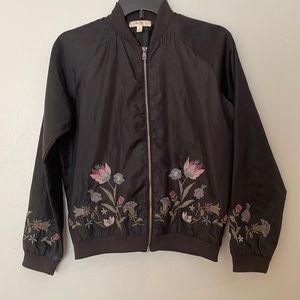 Love, Fire embroidered black bomber jacket